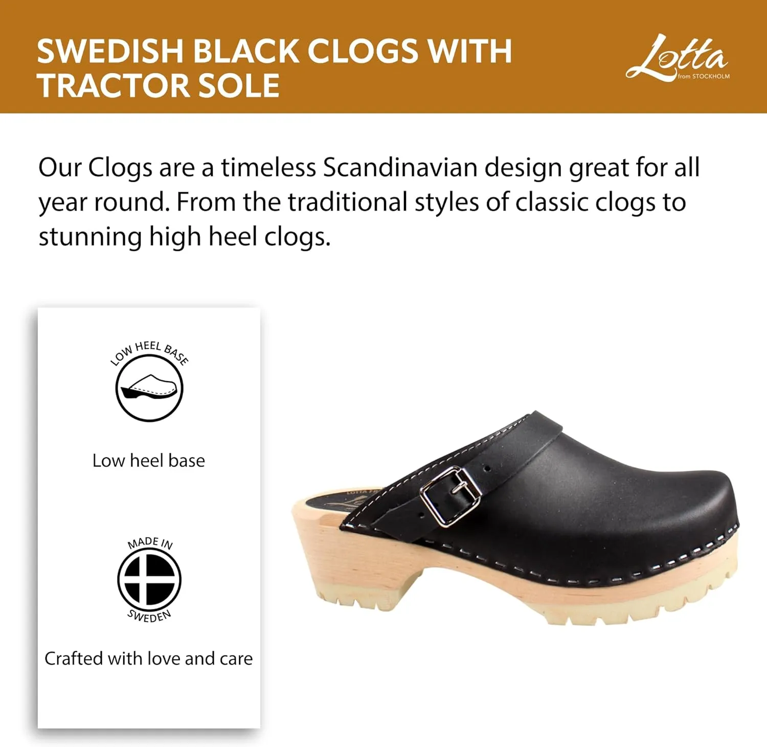 Swedish Classic Clogs - Comfy Black Leather Clogs for Women with Tractor Sole and Buckle I Wooden 2 inch Heel & 3/4 inch Platform