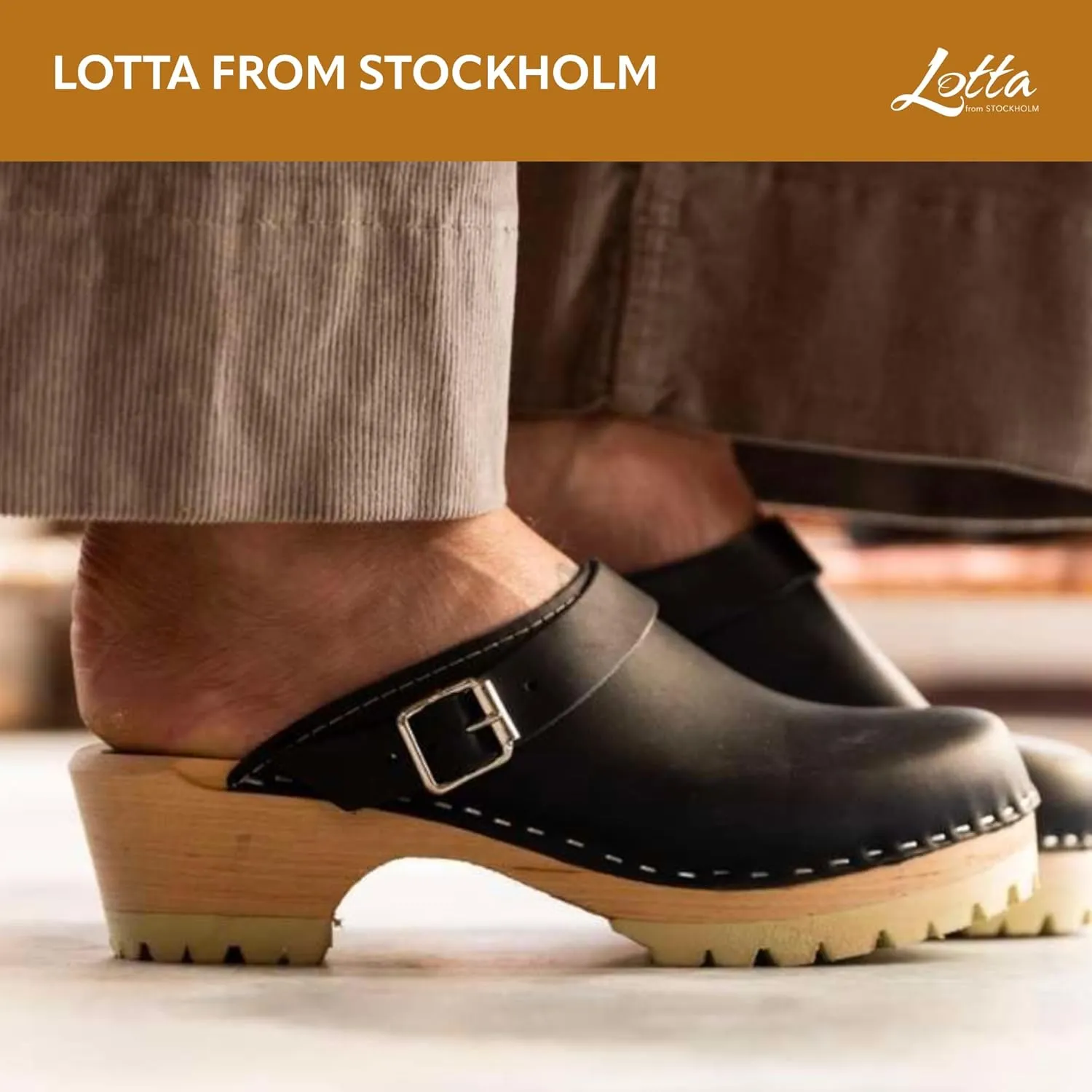 Swedish Classic Clogs - Comfy Black Leather Clogs for Women with Tractor Sole and Buckle I Wooden 2 inch Heel & 3/4 inch Platform