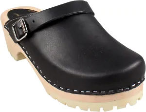 Swedish Classic Clogs - Comfy Black Leather Clogs for Women with Tractor Sole and Buckle I Wooden 2 inch Heel & 3/4 inch Platform
