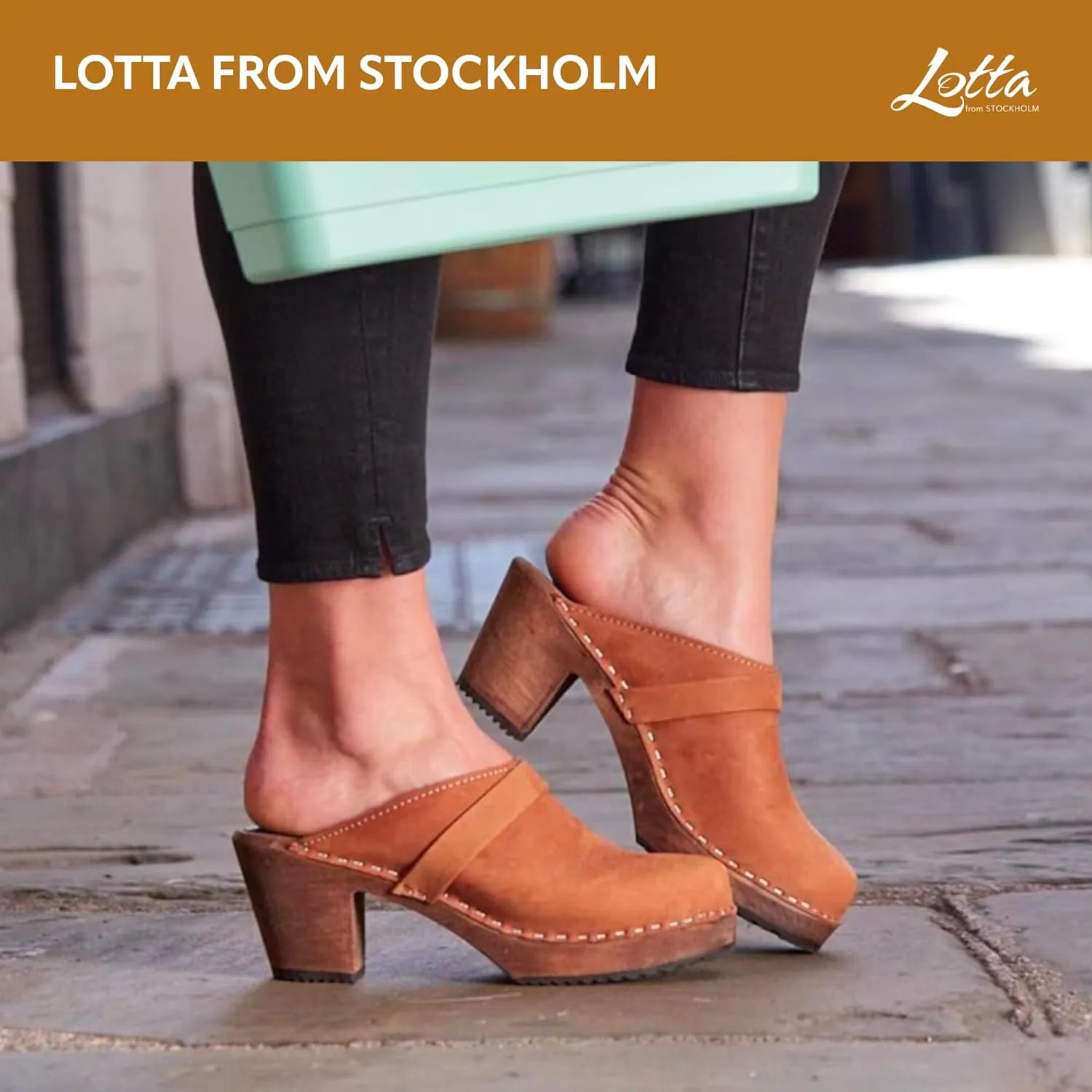 Swedish High Heel Classic Clog for Women | Slip-on Wooden Clogs Handcrafted in Sweden | Brown Alder Wood Base and Oiled Nubuck Leather | Brown