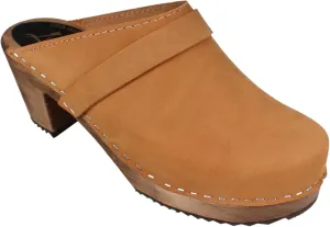 Swedish High Heel Classic Clog for Women | Slip-on Wooden Clogs Handcrafted in Sweden | Brown Alder Wood Base and Oiled Nubuck Leather | Brown