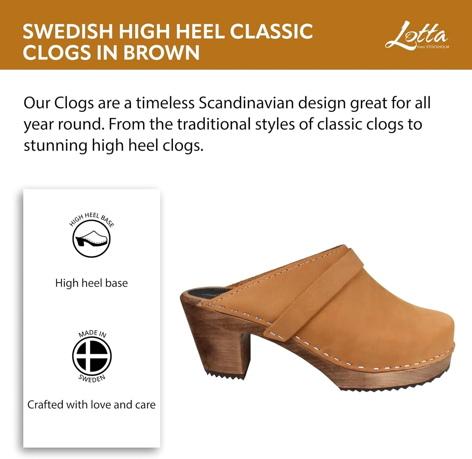 Swedish High Heel Classic Clog for Women | Slip-on Wooden Clogs Handcrafted in Sweden | Brown Alder Wood Base and Oiled Nubuck Leather | Brown