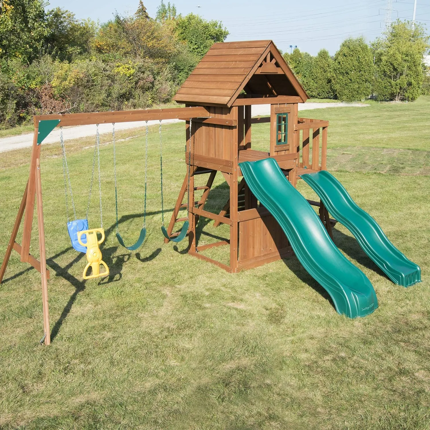 Swing-N-Slide WS 8353 Knightsbridge Deluxe Wooden Swing Set with Two Slides, Climbing Wall, Swings, Glider & Picnic Table, Wood