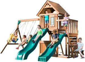 Swing-N-Slide WS 8353 Knightsbridge Deluxe Wooden Swing Set with Two Slides, Climbing Wall, Swings, Glider & Picnic Table, Wood