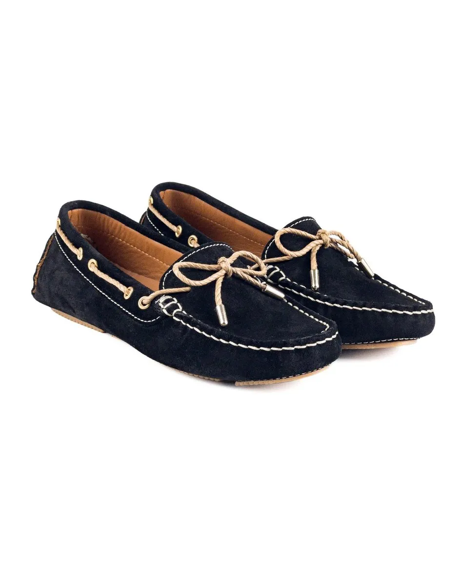 T-Minos Women's Black Genuine Suede Leather Loafer Shoes