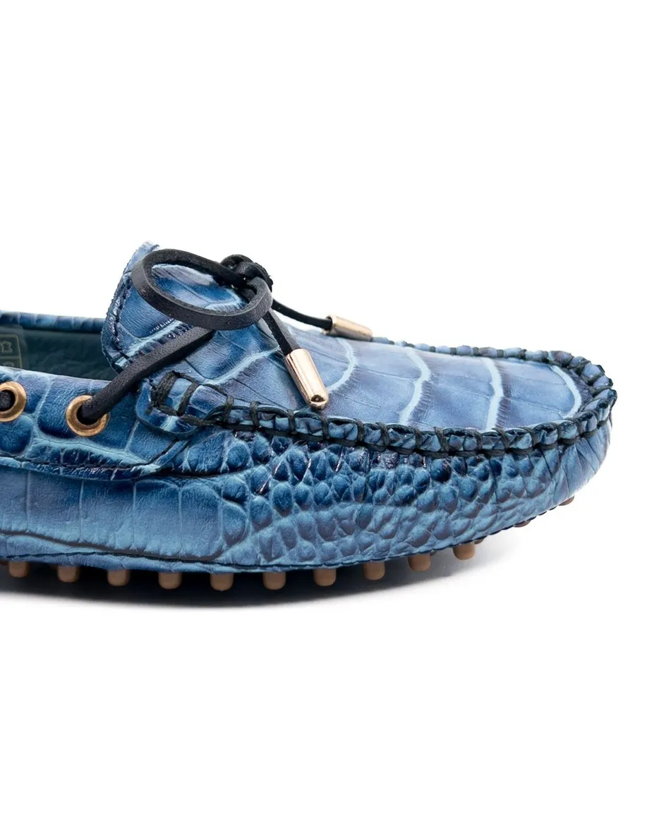 T-Patara Blue Crocodile Pattern Genuine Leather Loafer Shoes for Women