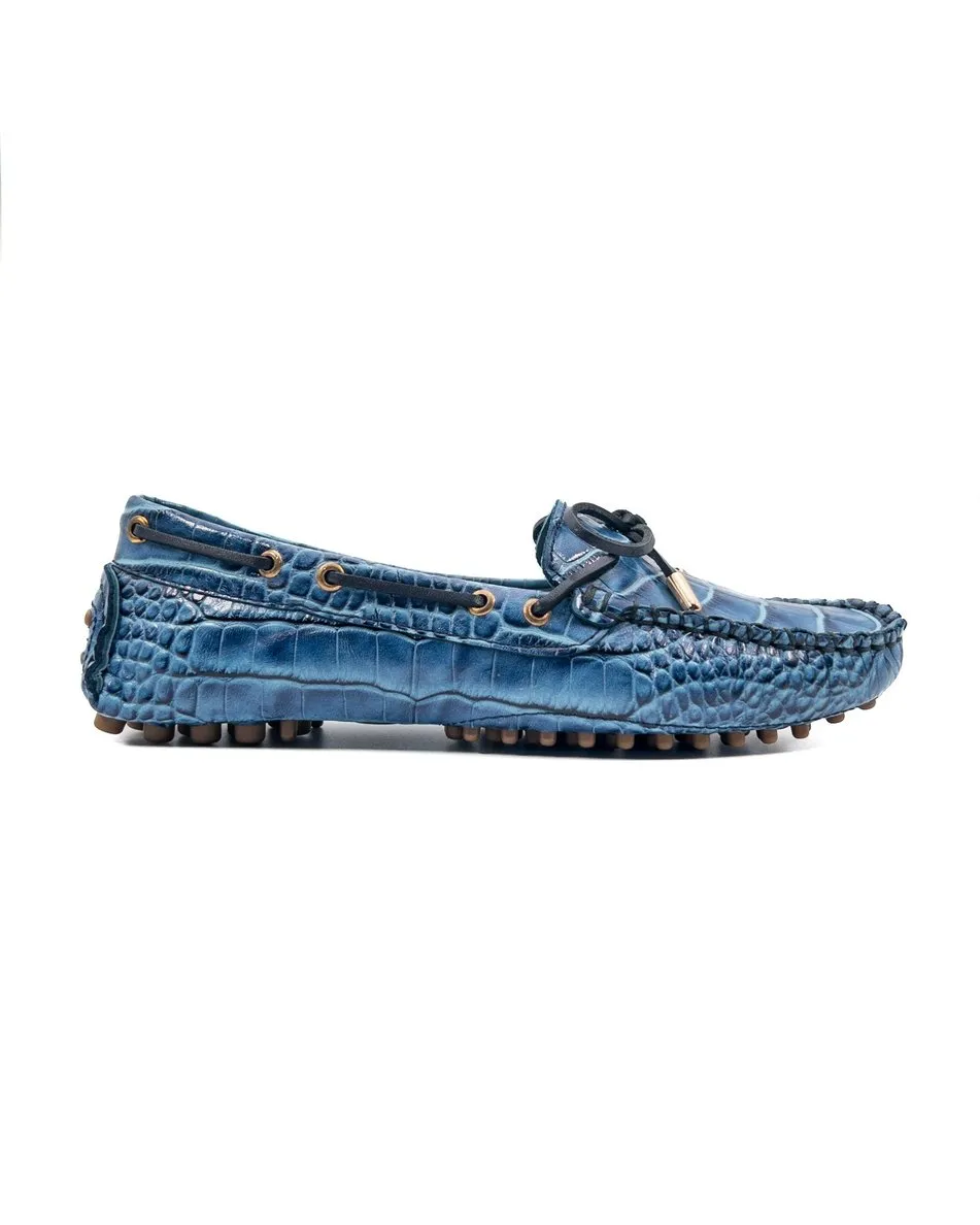 T-Patara Blue Crocodile Pattern Genuine Leather Loafer Shoes for Women