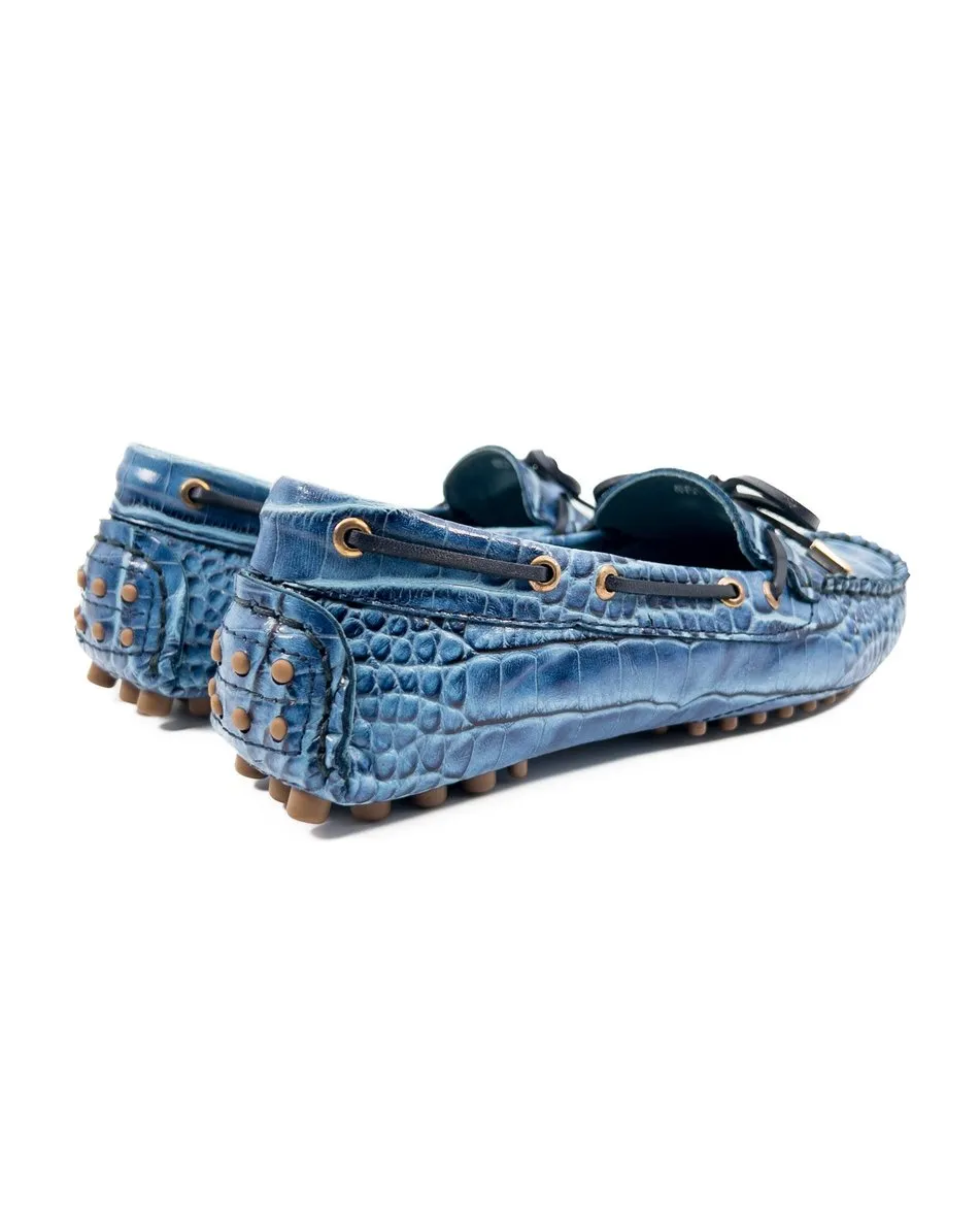 T-Patara Blue Crocodile Pattern Genuine Leather Loafer Shoes for Women