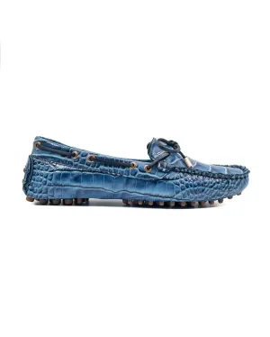 T-Patara Blue Crocodile Pattern Genuine Leather Loafer Shoes for Women