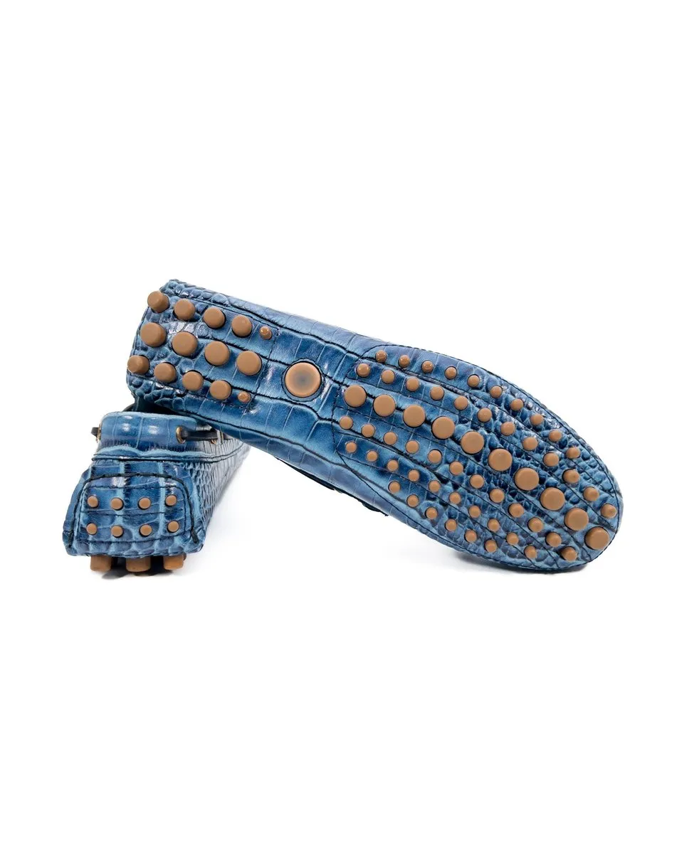 T-Patara Blue Crocodile Pattern Genuine Leather Loafer Shoes for Women