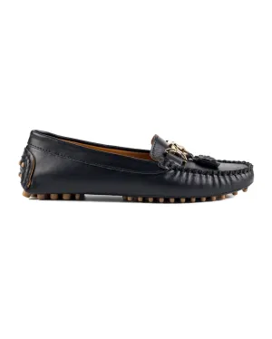 T-Teos Women's Black Genuine Leather Loafer Shoes
