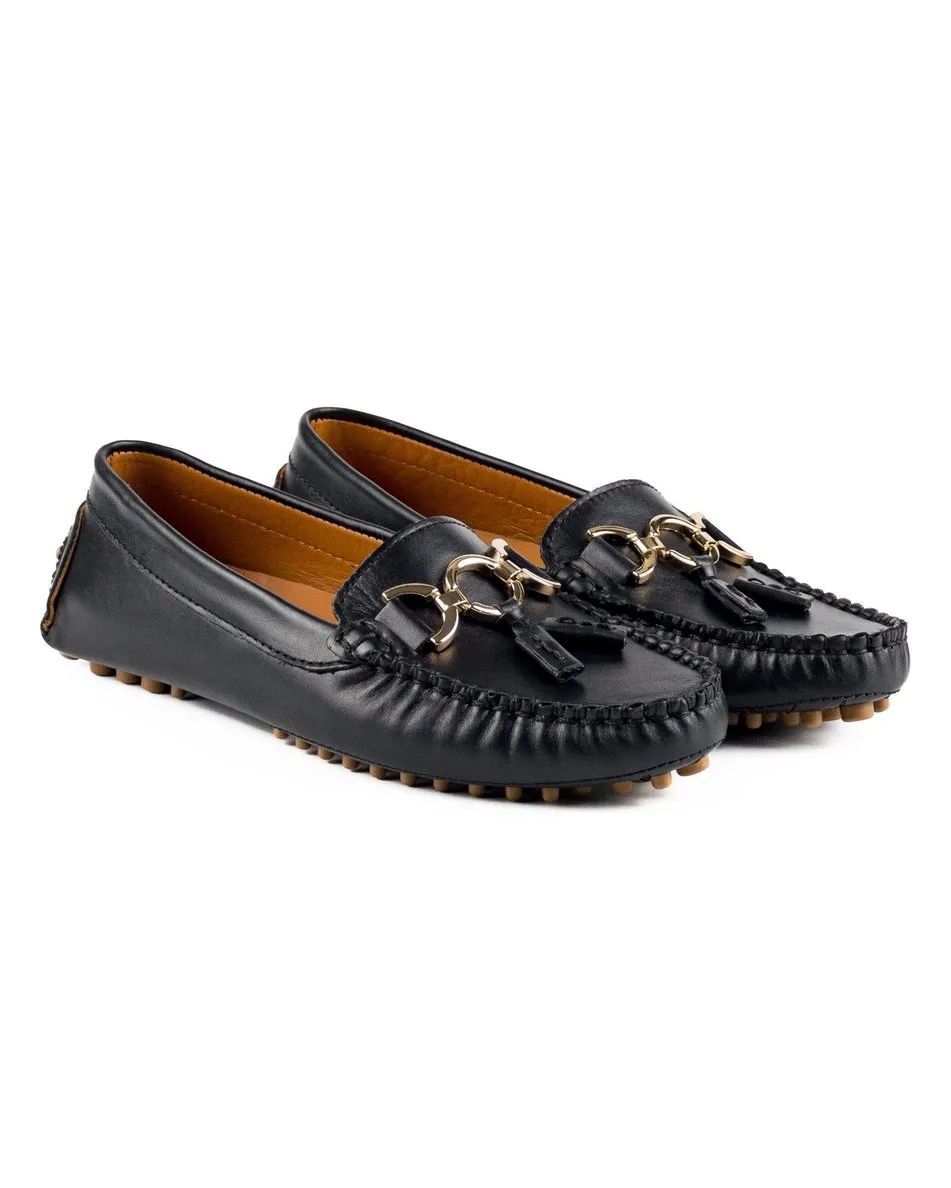 T-Teos Women's Black Genuine Leather Loafer Shoes