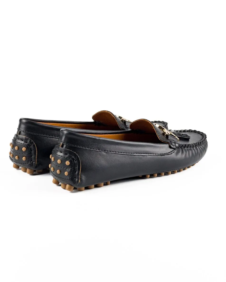 T-Teos Women's Black Genuine Leather Loafer Shoes