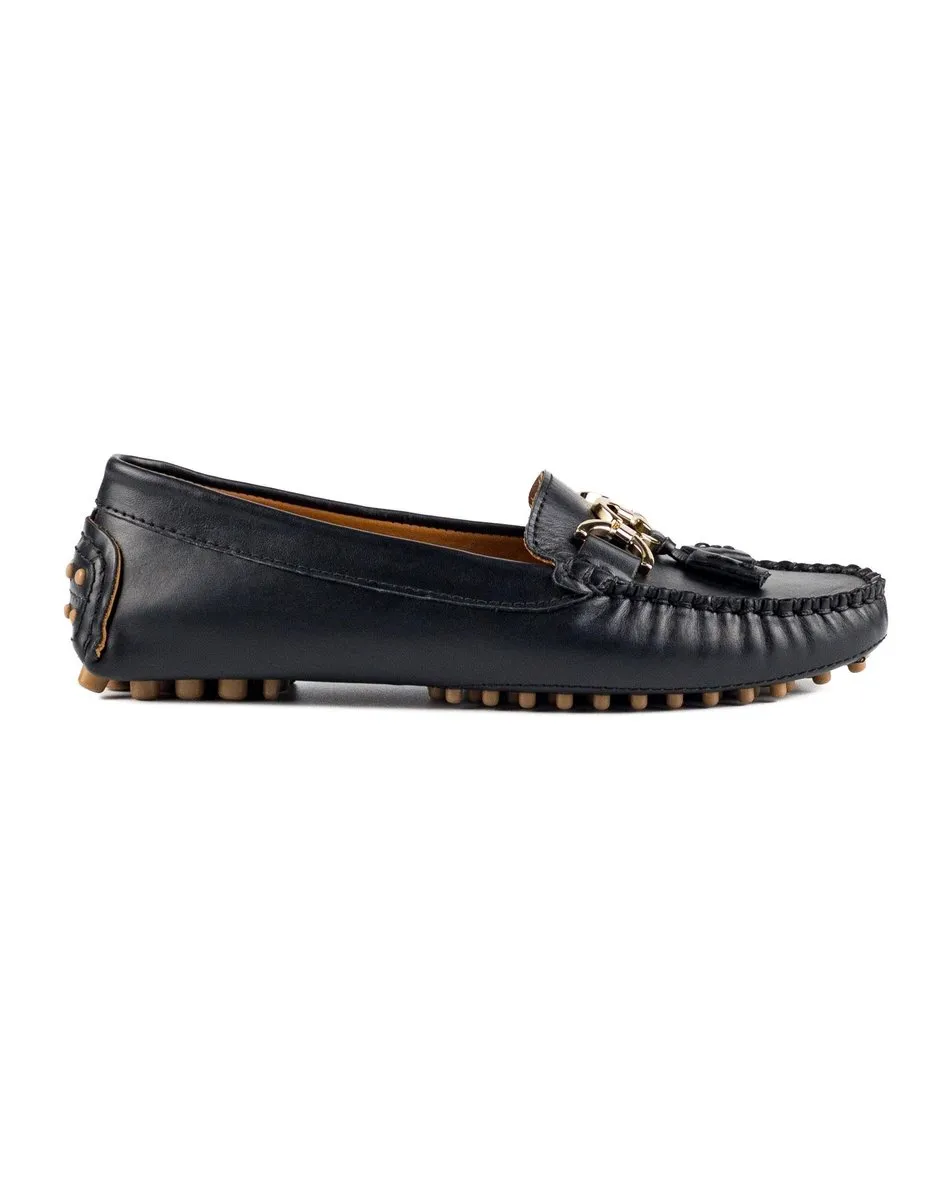 T-Teos Women's Black Genuine Leather Loafer Shoes