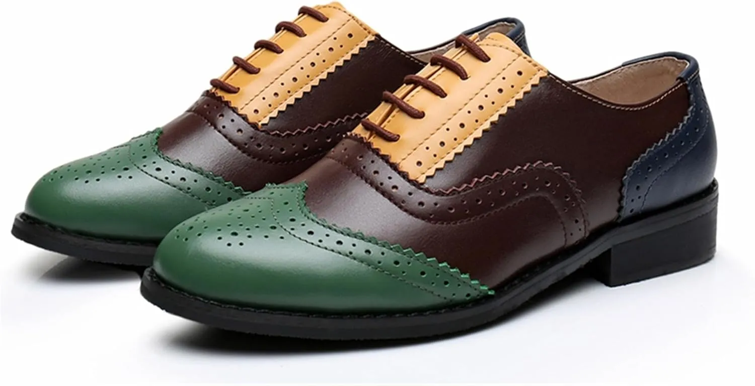 TDA Women's Perforated Wingtip Lace-up Synthetic Leather Dress Vintage Oxford Flat Shoes