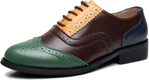 TDA Women's Perforated Wingtip Lace-up Synthetic Leather Dress Vintage Oxford Flat Shoes