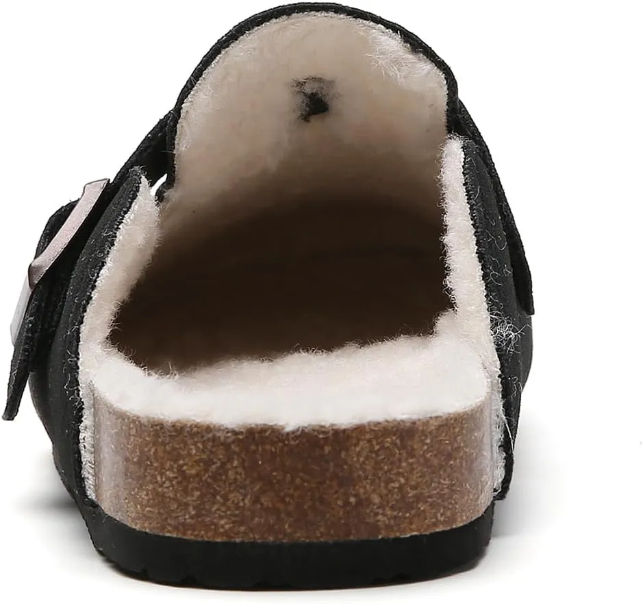 Tilocow Women's Suede Clogs Comfortable Fuzzy Cork Footbed Mules Slip On Winter Clogs