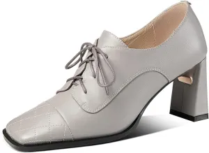 TinaCus Genuine Leather Women's Handmade Classic Square Toe Chunky Heel Lace Up Oxford Pump Shoes