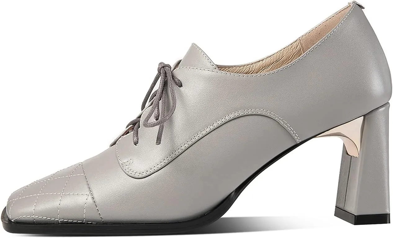 TinaCus Genuine Leather Women's Handmade Classic Square Toe Chunky Heel Lace Up Oxford Pump Shoes