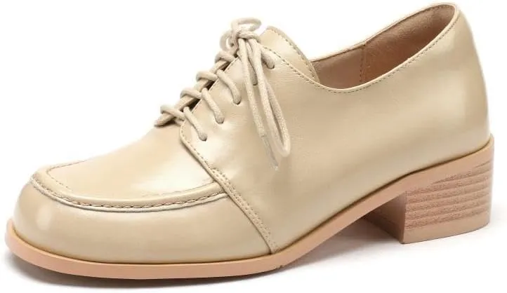 TinaCus Women's Genuine Leather Handmade Lace-Up Round Toe Block Heel Oxford Pumps Shoes