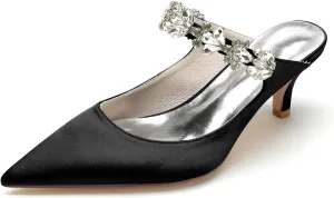 TNXZ Women Kitten Low Heel Pointed Toe Sandals Mules Shoes Satin Slingback Slip-on Pumps 2.5 Inches Heels Party Dress