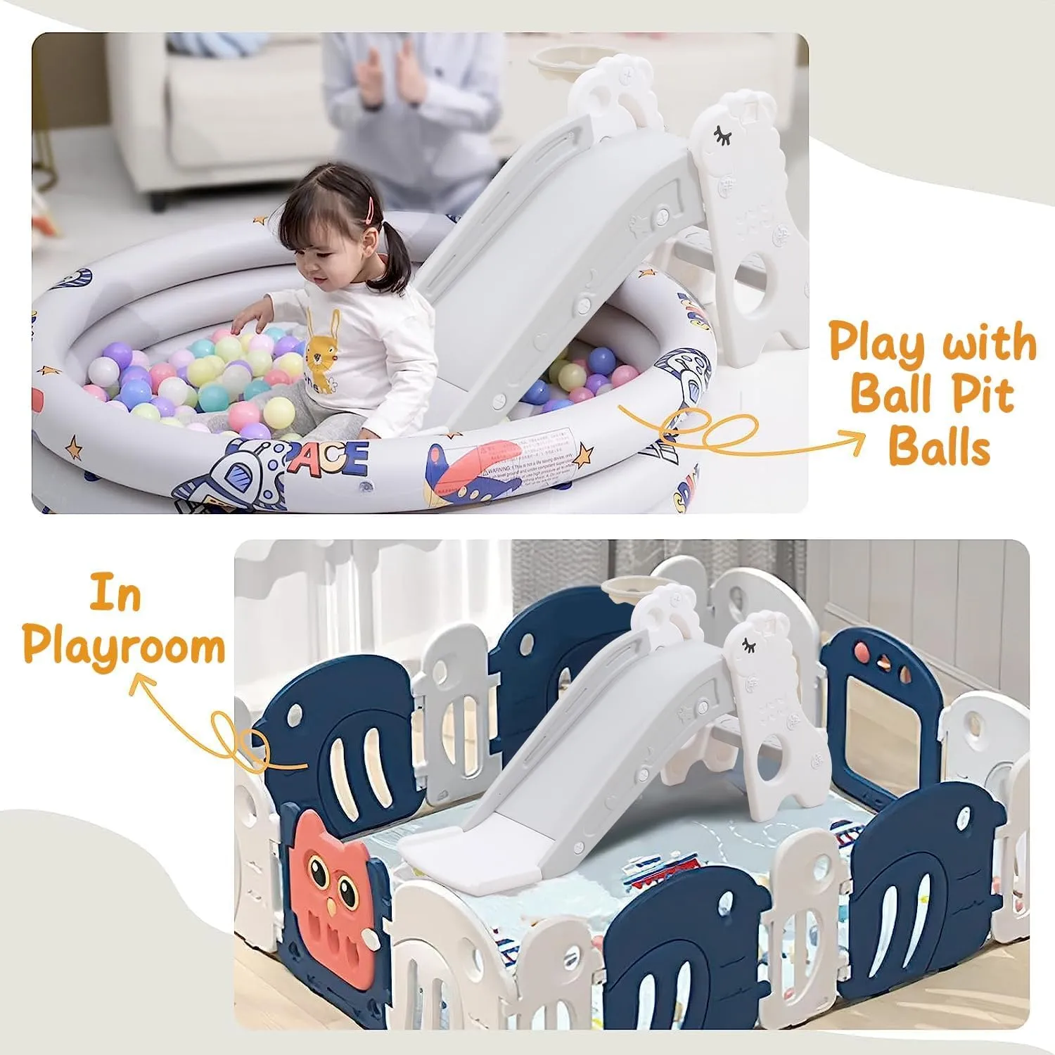 Toddler Slide for Kids Indoor Baby with Climber Ball Pit Slide in Pearl White Kids Indoor Freestanding Playset with Basketball Hoop