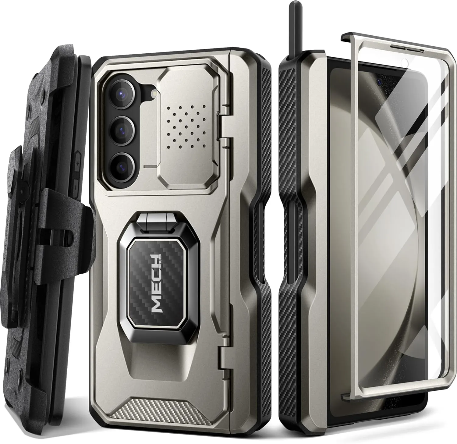 TONGATE for Z Fold 5 Case with Ring Stand, Built-in S Pen Holder & Glass Screen Protector Shockproof Rugged Z5 Phone Case with Slide Camera Cover & Belt Clip for Samsung Galaxy Z Fold 5 2023, Gray