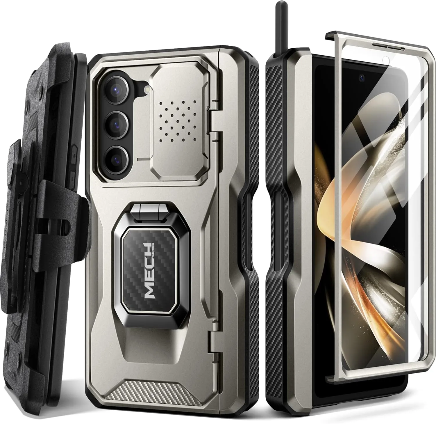 TONGATE for Z Fold 5 Case with Ring Stand, Built-in S Pen Holder & Glass Screen Protector Shockproof Rugged Z5 Phone Case with Slide Camera Cover & Belt Clip for Samsung Galaxy Z Fold 5 2023, Gray