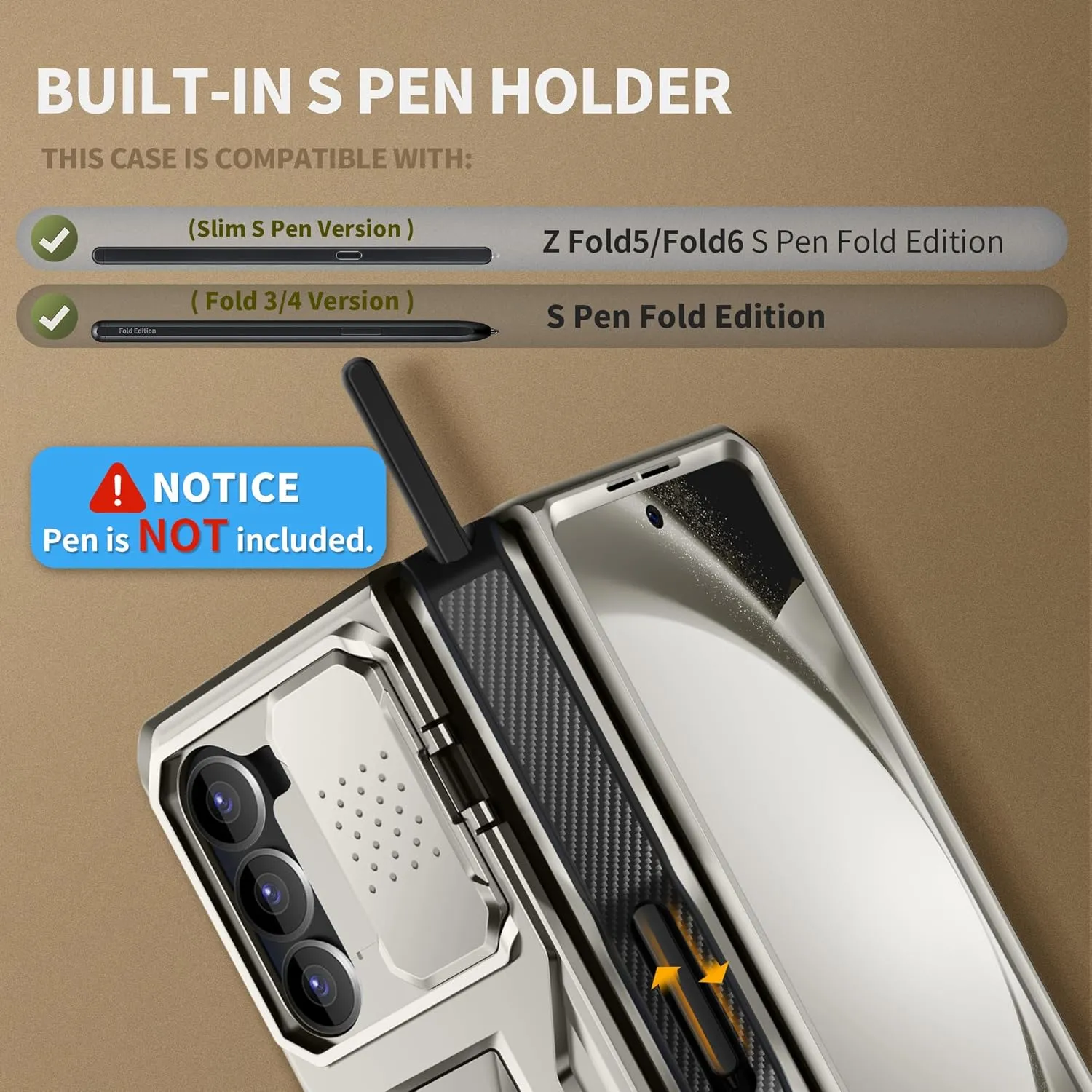 TONGATE for Z Fold 5 Case, [with S Pen Holder & Hinge Protection] [Glass Screen Protector & Slide Camera Cover] Military Drop Phone Case for Samsung Galaxy Z Fold 5 Cases with Stand & Belt Clip,TiGray