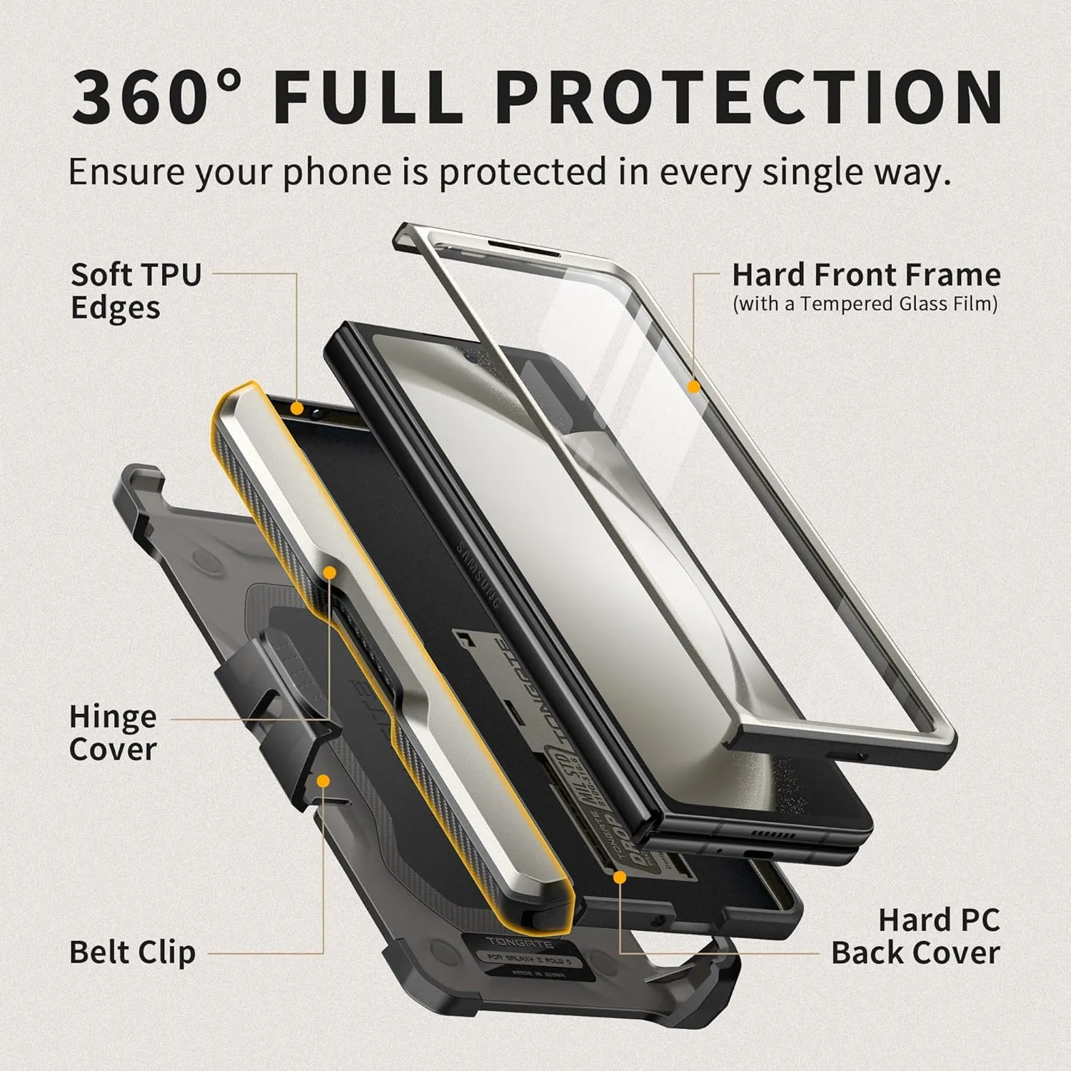 TONGATE for Z Fold 5 Case, [with S Pen Holder & Hinge Protection] [Glass Screen Protector & Slide Camera Cover] Military Drop Phone Case for Samsung Galaxy Z Fold 5 Cases with Stand & Belt Clip,TiGray