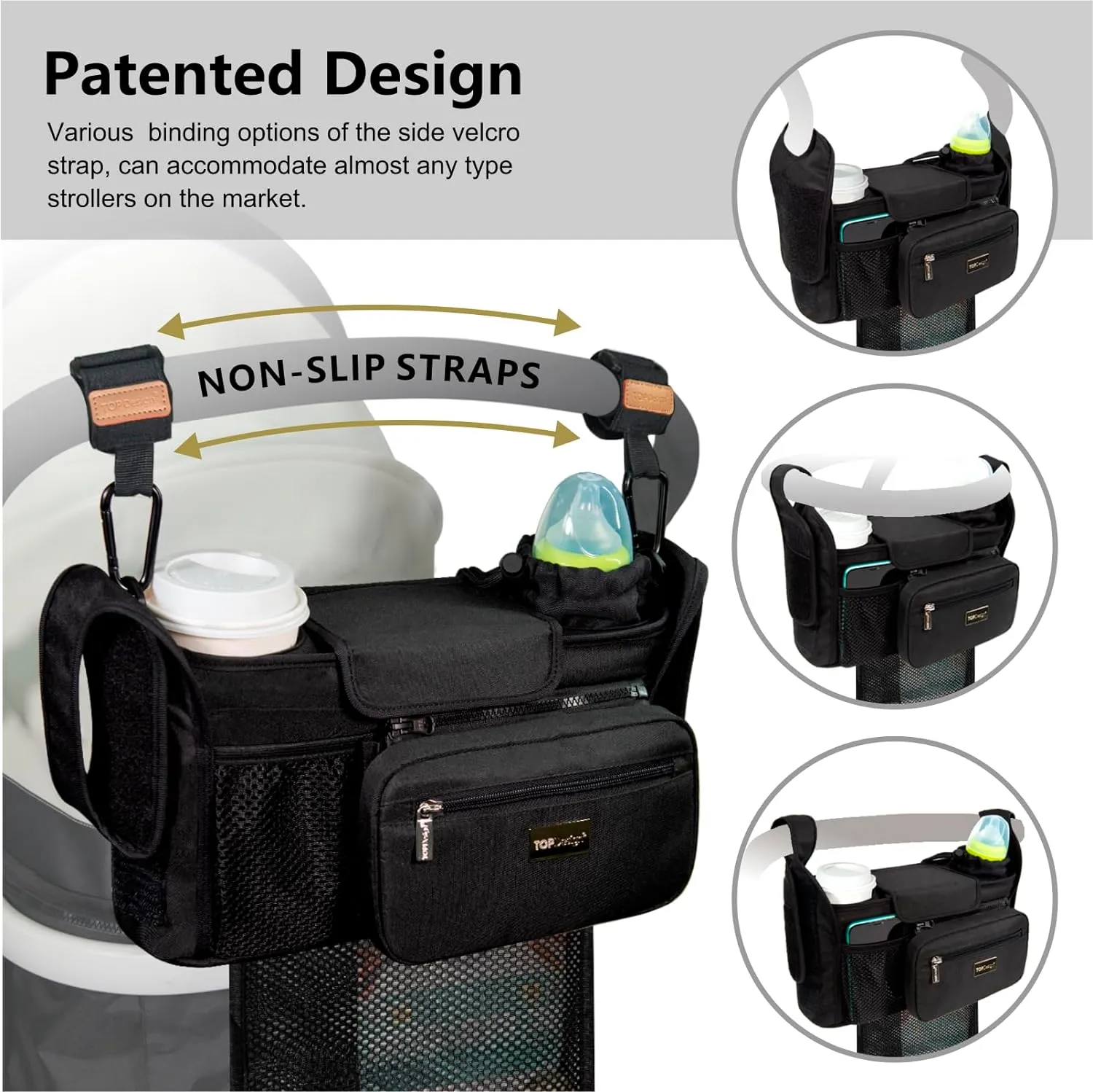TOPDesign Universal Baby Stroller Organizer, Stroller Caddy with Detachable Mesh Bag & Heightened Insulated Cup Holders & Non-Slip Secure Hooks Accessories, Fits Most Strollers (Five Petal Flower)