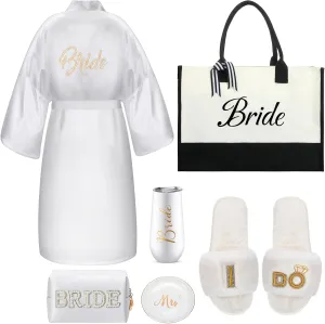 Toulite 6 Pcs Bridal Shower Gift Set Including Slide Slippers Wedding Tote Pearl Rhinestone Cosmetic Bag Bridal Robe Wedding Tumbler Ceramic Jewelry Dish Tray for Engagement Bachelorette Party