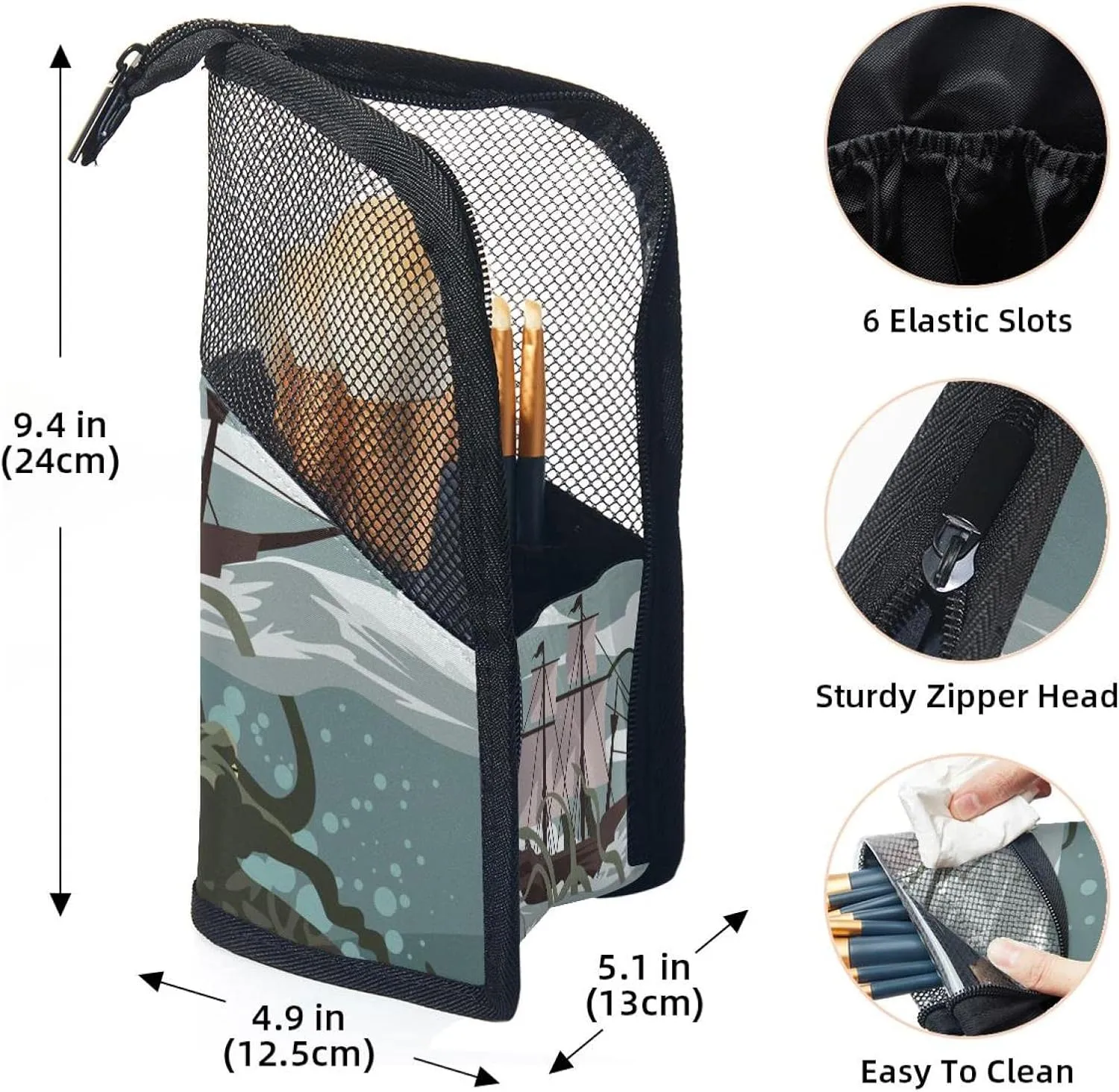 Travel Makeup Brush Holder, Large Stand-Up Makeup Brush Case, Professional Brush Organizer Foldable Makeup Artist Brush Storage Bag - Sea Octopus Monster attacking Ship Cartoon