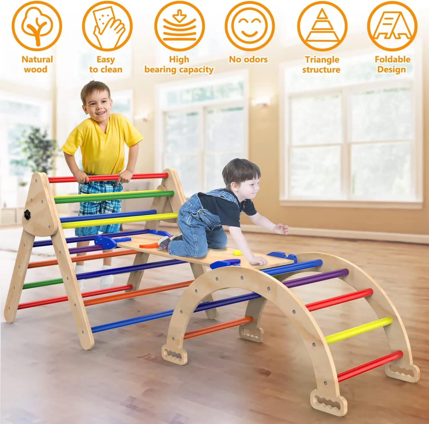 Triangle Climbing Toys, Foldable Climbing Triangle Ladder Toys with Ramp for Sliding or Climbing, Set of 3 Wooden Safety Sturdy Kids Play Gym, Indoor Outdoor Playground Climbing Toys for Toddlers