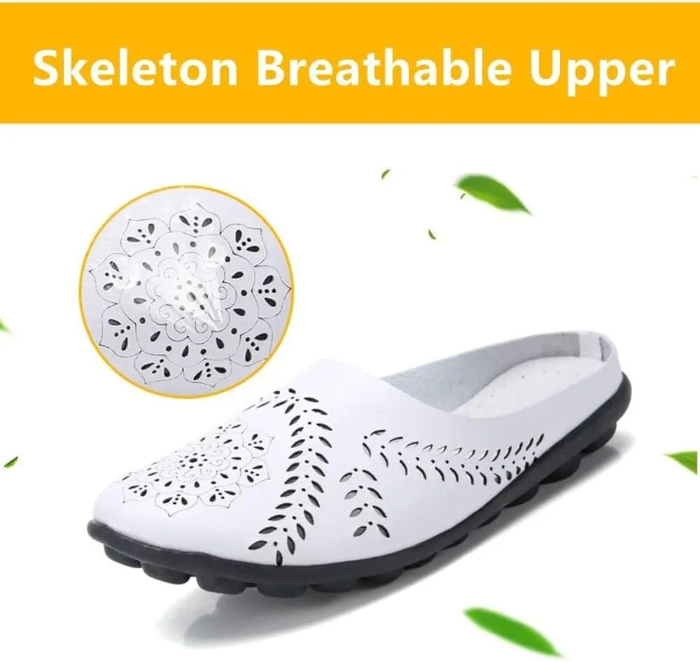 Ujicde Women Casual Mules Hollow Summer Slippers, Lightweight Comfy Leather Backless Flat Mules Sandals Slip On Loafer Shoes