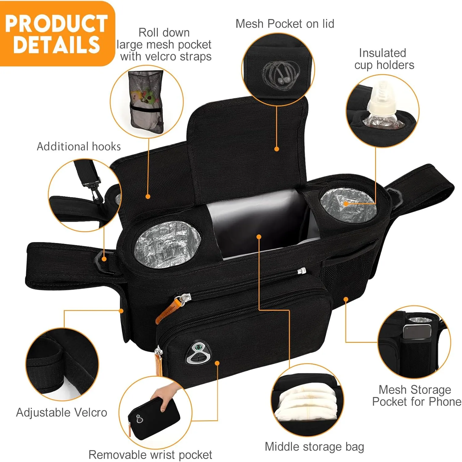 Universal Stroller Organizer with Cup Holder and Phone Holder, Insulated Cup Holder, Large Pocket, Stroller Caddy for Phone Fits Most of Stroller Like Baby Jogger, Britax, BOB, Umbrella, Doona (Black)