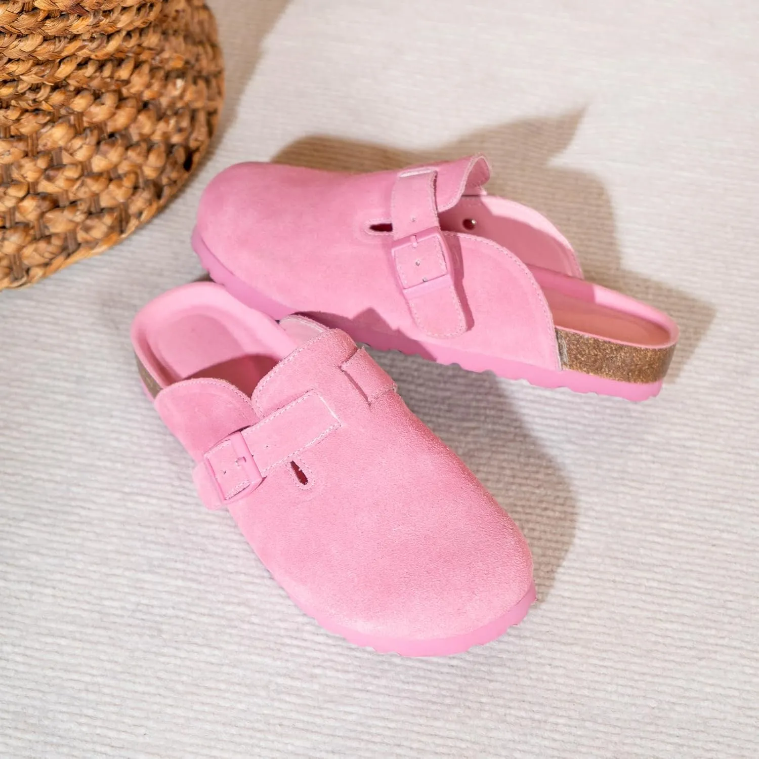 Unixsex Cork Suede Clogs and Mules,Leather Clog Women,Suede Clog Men,Soft Leather Sandal,House Slipper,Skin-Friendly Footbed,Adjustable Buckle,Arch Support