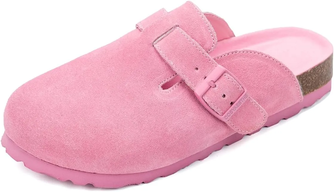 Unixsex Cork Suede Clogs and Mules,Leather Clog Women,Suede Clog Men,Soft Leather Sandal,House Slipper,Skin-Friendly Footbed,Adjustable Buckle,Arch Support