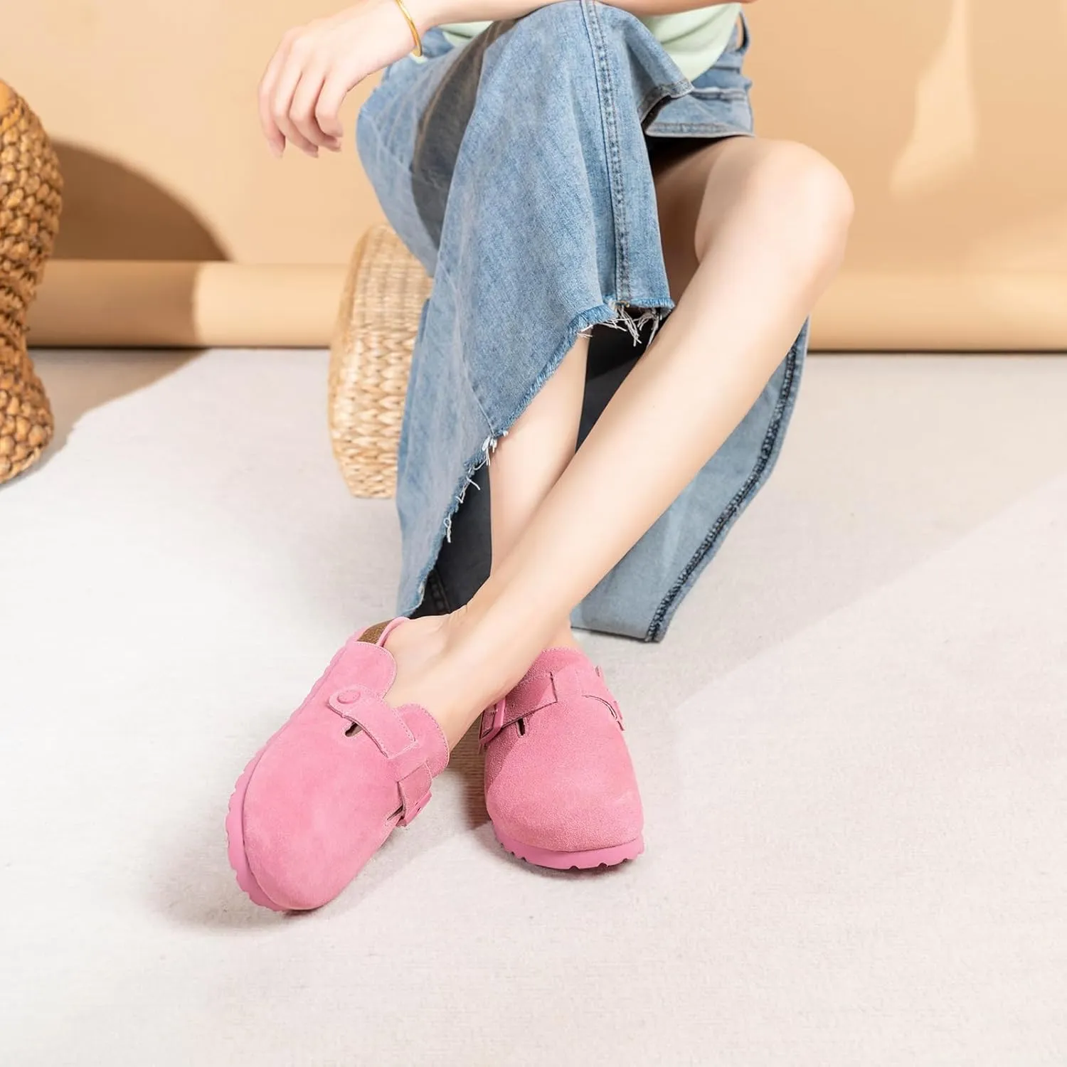 Unixsex Cork Suede Clogs and Mules,Leather Clog Women,Suede Clog Men,Soft Leather Sandal,House Slipper,Skin-Friendly Footbed,Adjustable Buckle,Arch Support