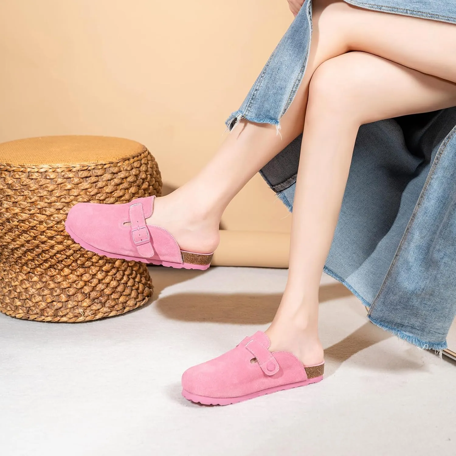 Unixsex Cork Suede Clogs and Mules,Leather Clog Women,Suede Clog Men,Soft Leather Sandal,House Slipper,Skin-Friendly Footbed,Adjustable Buckle,Arch Support