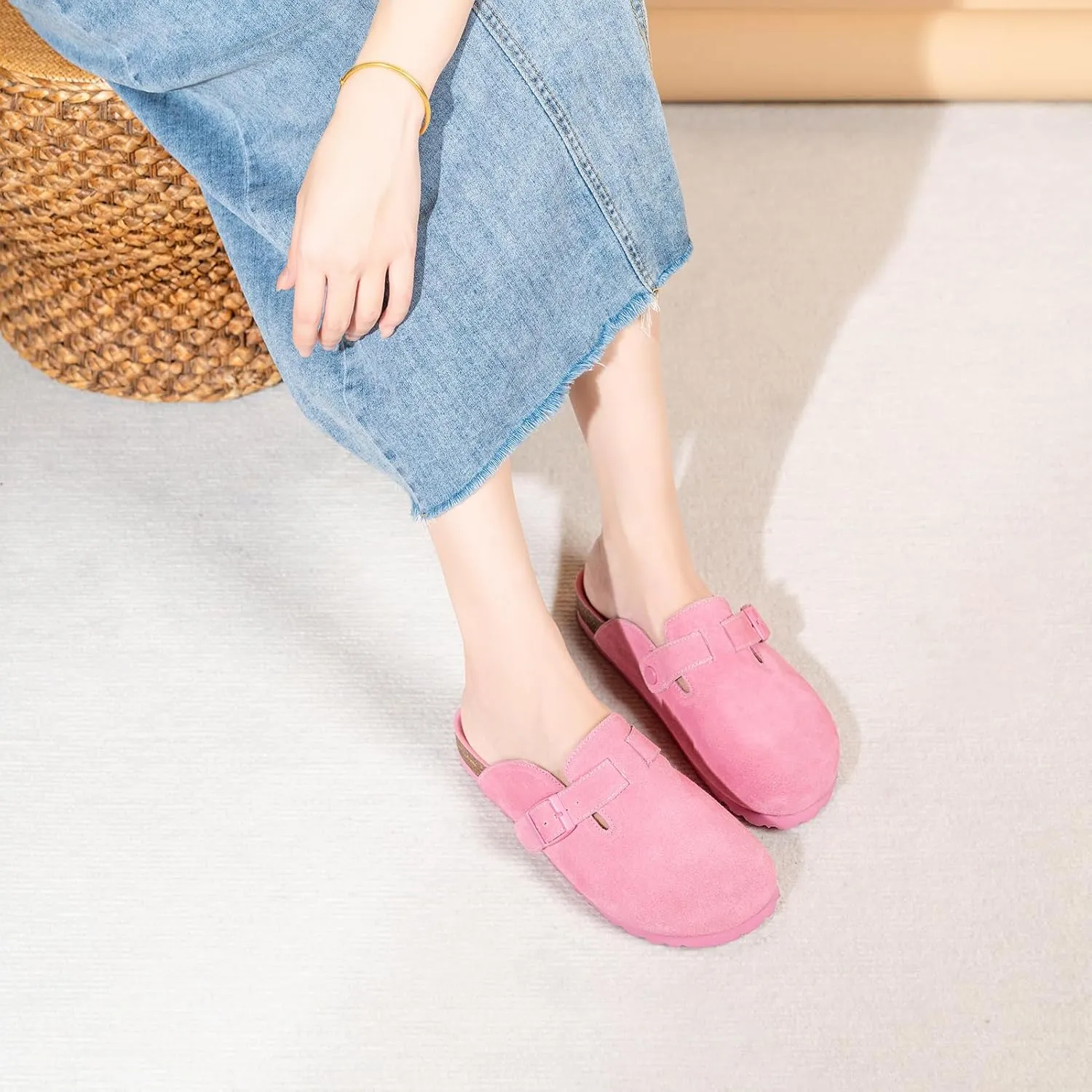Unixsex Cork Suede Clogs and Mules,Leather Clog Women,Suede Clog Men,Soft Leather Sandal,House Slipper,Skin-Friendly Footbed,Adjustable Buckle,Arch Support