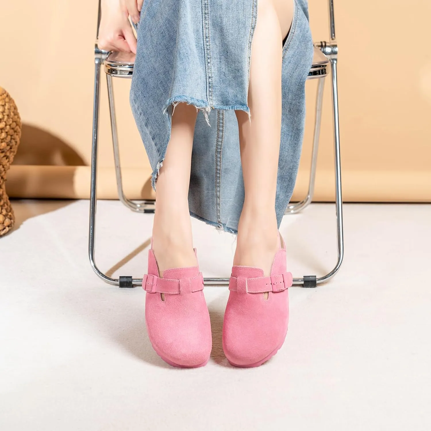 Unixsex Cork Suede Clogs and Mules,Leather Clog Women,Suede Clog Men,Soft Leather Sandal,House Slipper,Skin-Friendly Footbed,Adjustable Buckle,Arch Support