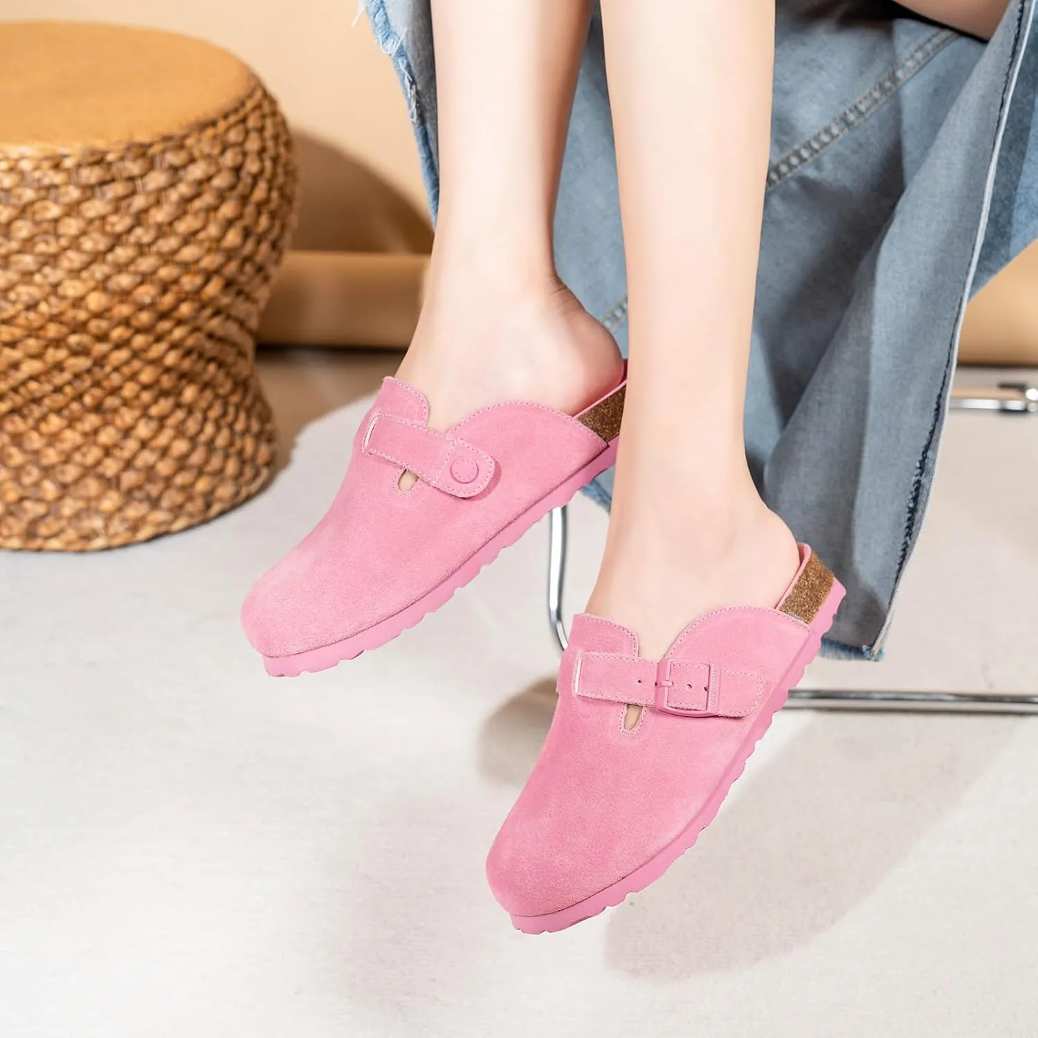 Unixsex Cork Suede Clogs and Mules,Leather Clog Women,Suede Clog Men,Soft Leather Sandal,House Slipper,Skin-Friendly Footbed,Adjustable Buckle,Arch Support