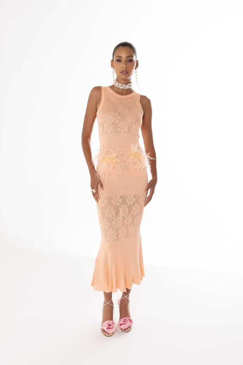 VANILLA PEACH DRESS Sturdy WITH FEATHERS Hurry now KNIT SR