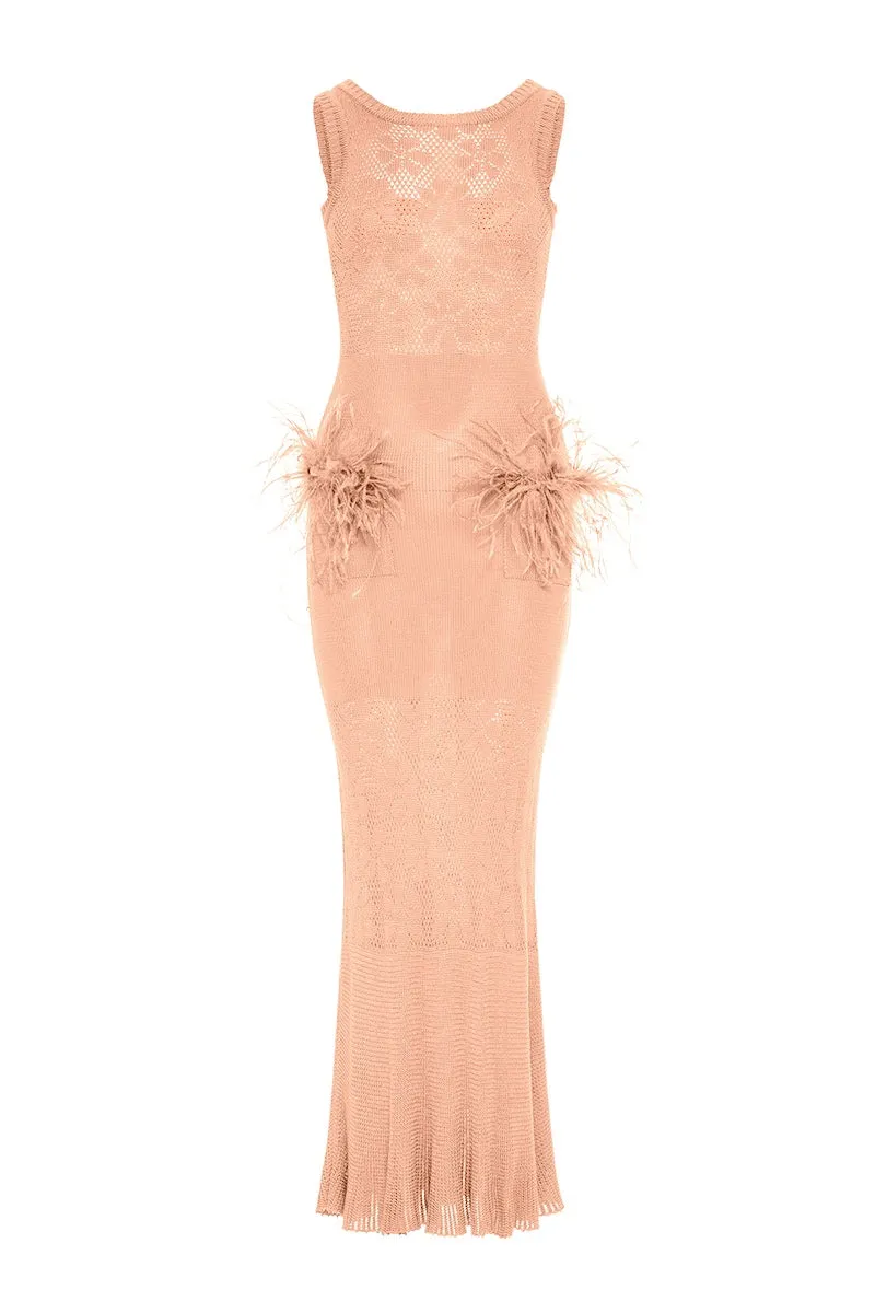 VANILLA PEACH DRESS Sturdy WITH FEATHERS Hurry now KNIT SR