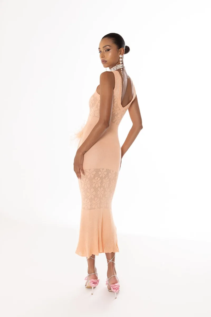 VANILLA PEACH DRESS Sturdy WITH FEATHERS Hurry now KNIT SR