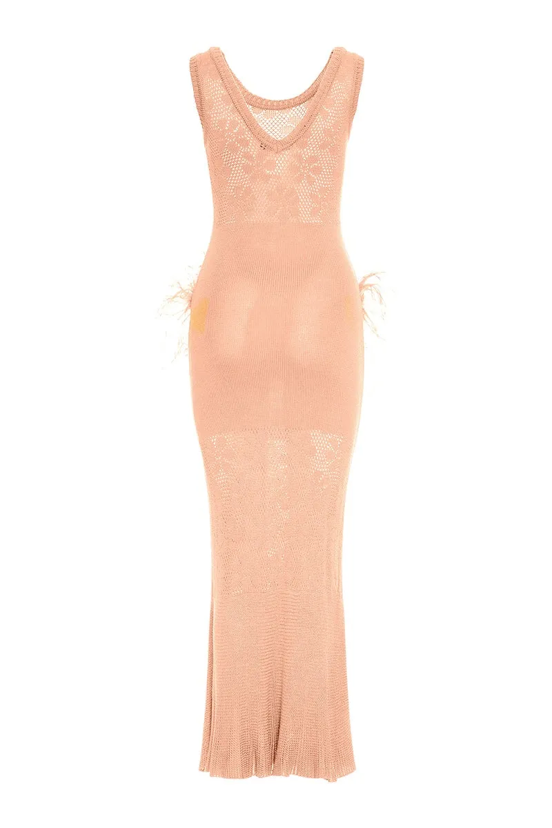 VANILLA PEACH DRESS Sturdy WITH FEATHERS Hurry now KNIT SR