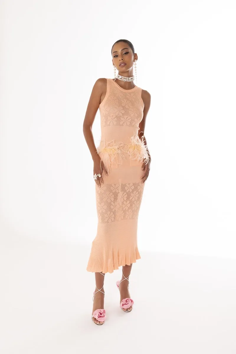 VANILLA PEACH DRESS Sturdy WITH FEATHERS Hurry now KNIT SR