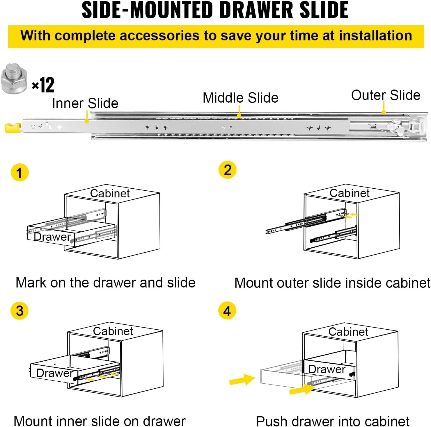 VEVOR Drawer Slides 30inch, 1 Pair Locking Drawer Slides 250lbs Load Capacity, Side Mount Ball Bearing, 3-Fold Full Extension