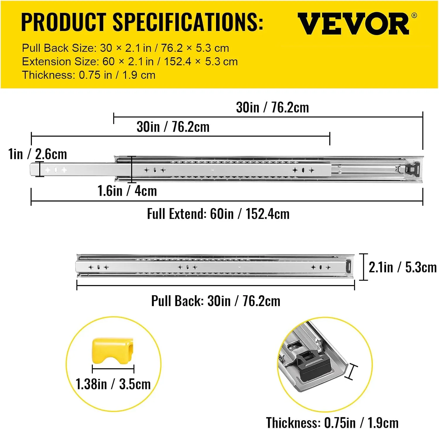 VEVOR Drawer Slides 30inch, 1 Pair Locking Drawer Slides 250lbs Load Capacity, Side Mount Ball Bearing, 3-Fold Full Extension